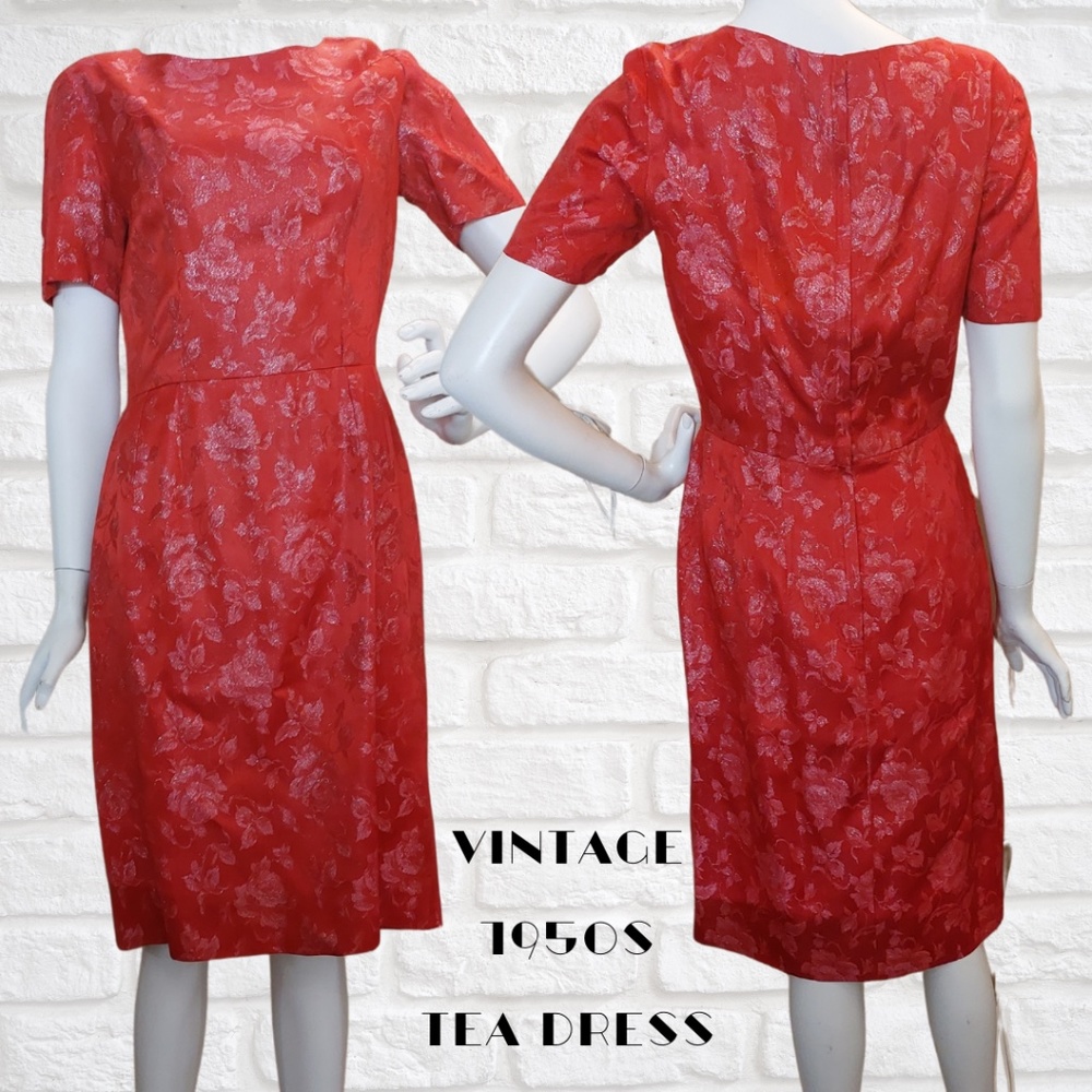 Vintage Red 1950s Rockabilly Brocade Shimmer Party Fit and Flare Tea Dress
